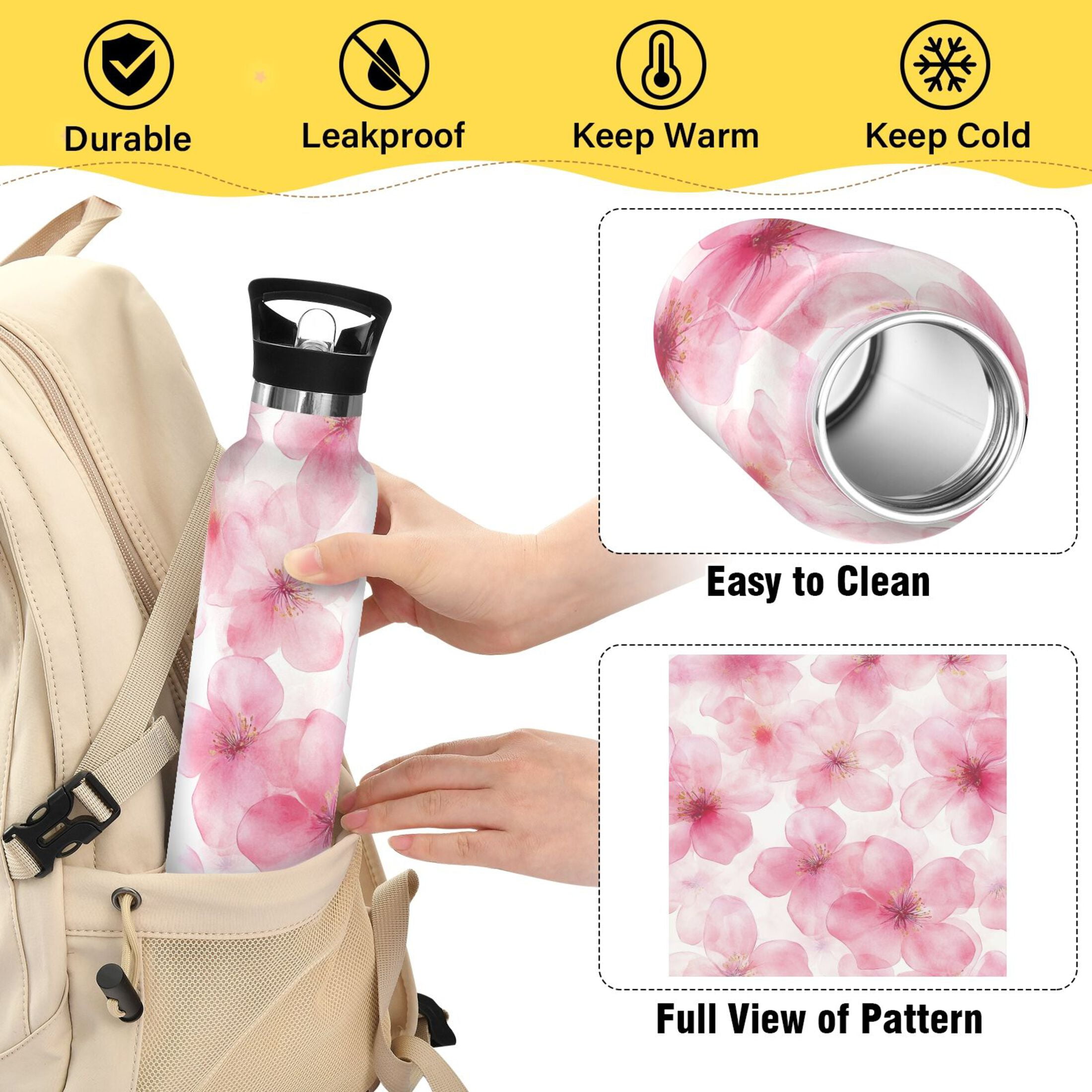 600ML Stainless Steel Insulated Cup Sports Water Bottle Portable Thermos Cup Water Glasses Insulated Tumblers Convenient and Durable Beautiful Pink Flower
