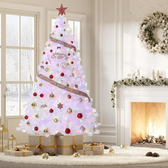 Foldable Base Pre-Lit Artificial Christmas Tree for Home, Office, Party , Pre-Lit Snow Flocked Pencil Christmas Tree