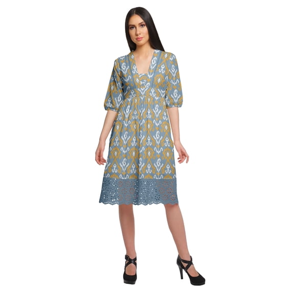 Moomaya Printed Women Midi Length Cotton Dress Short Sleeve Summer Wear Clothing