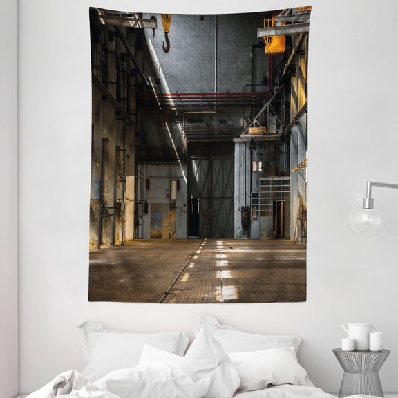 Industrial Decor Tapestry, Dark Industrial Interior of an Old Building Place of Manufacturing Hangar, Wall Hanging for Bedroom Living Room Dorm Decor, 60W X 80L Inches, Multicolor, by Ambesonne