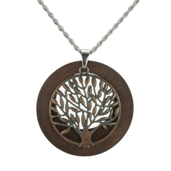 High Quality Unisex Stainless Steel Rope Chain with Copper Patina Tree of Life and Wood Pendant – 19 ½ inches