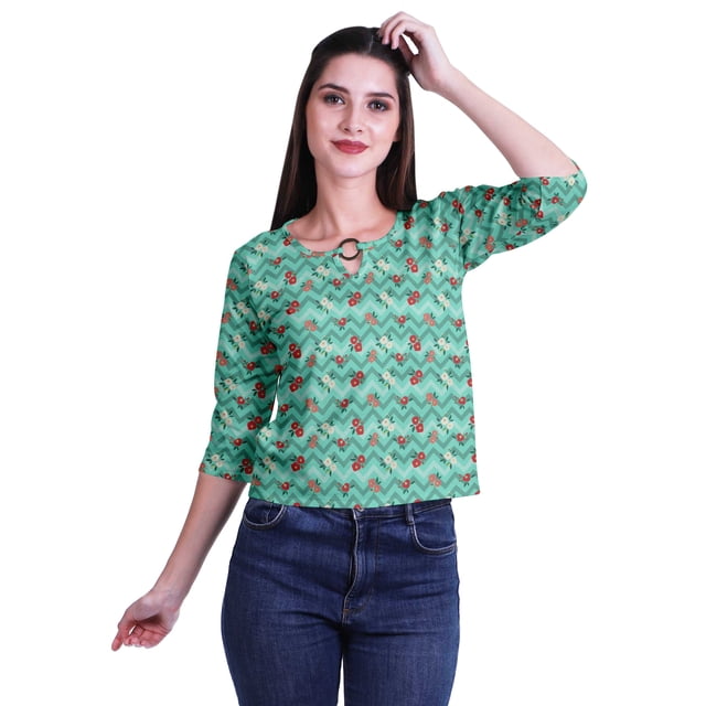 Moomaya Printed Keyhole Neck Ring Top Casual 3/4th Sleeve Tees Tank Tunic Top