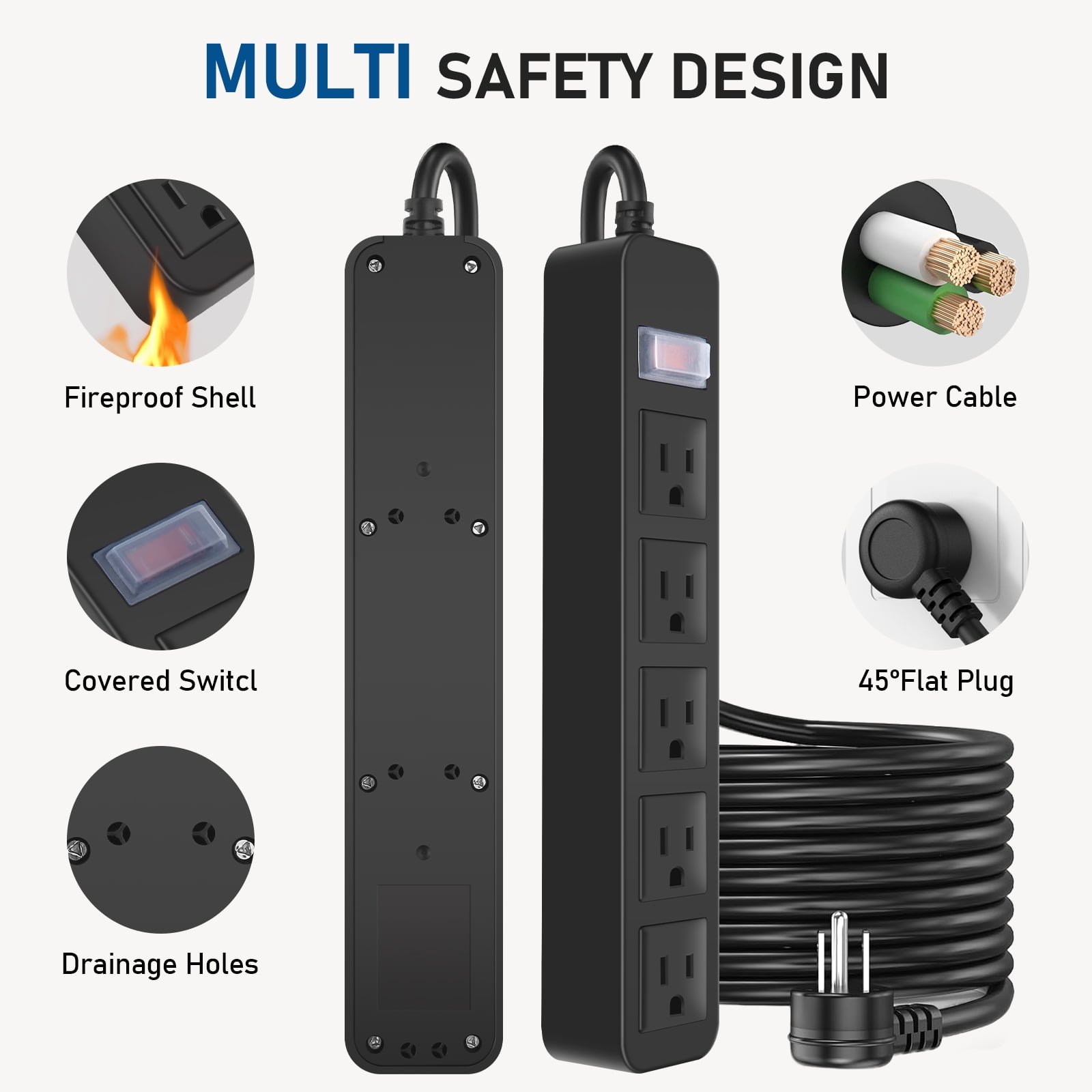 VILONG Outdoor Power Strip Waterproof,5 Outlets Charging,1700J Surge Protector,6ft Extension Cord,Flat Plug,for Yard &Camping,ETL Listed,Black