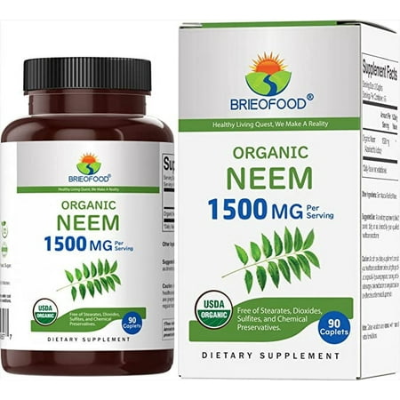 Brieofood Organic Neem 1500mg, 45 Servings, Vegetarian, Gluten Free, 90 Vegetarian Tablets
