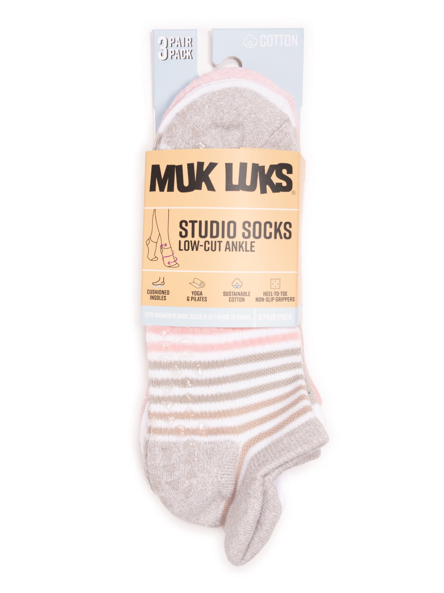 MUK LUKS Women's Pilates Cotton Ankle Socks, 3-Pack, Shoe Sizes 6-10