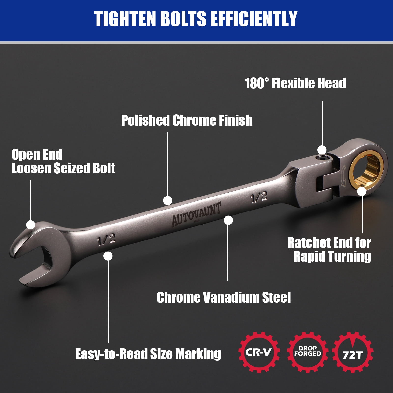 12-Piece SAE Flex-Head Ratcheting Wrench Set with Organizer | 1/4” to 7/8“ Ratchet Combination Wrenches Set | 72-Teeth | Chrome Vanadium Steel
