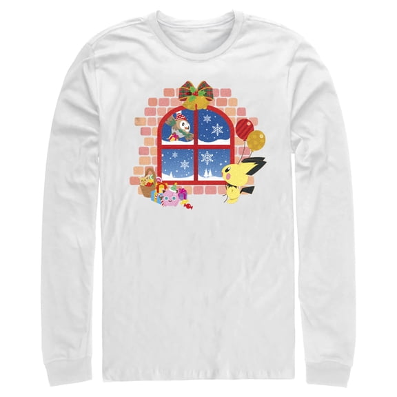 Men's Pokemon Christmas Window Long Sleeve Shirt White X Large