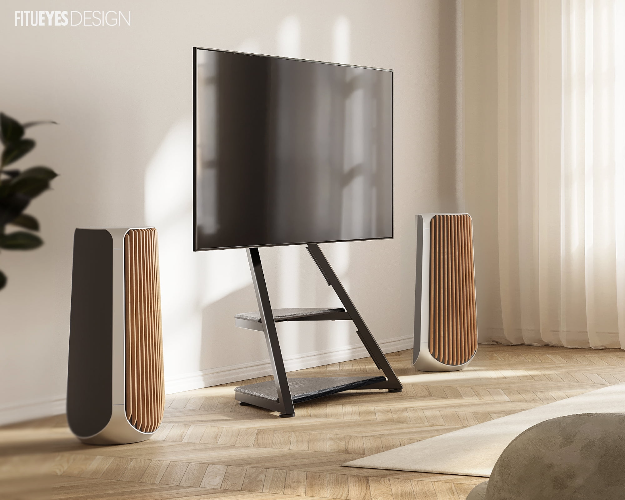 FITUEYES Modern Floor TV Stand Mini Corner Entertainment Center for TVs up to 65”, Black