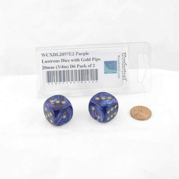 Purple Lustrous Dice with Gold Pips 20mm (3/4in) D6 Pack of 2 Wondertrail