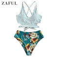 thumbnail image 4 of ZAFUL for Women Swimsuit Floral Striped Crisscross Knot Tankini Swimsuit Greenish Blue XL, 4 of 7