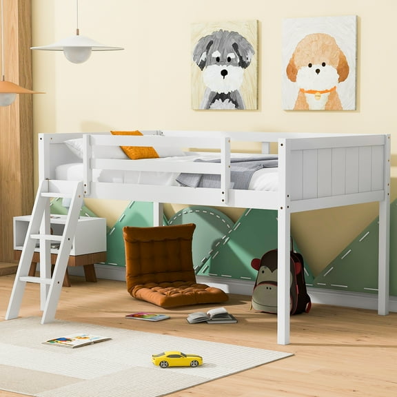 Euroco Wood Twin Size Loft Bed, Low Profile Bed with Ladder, White