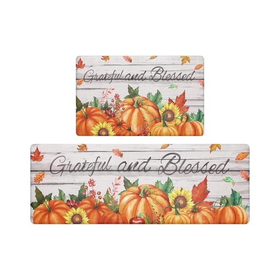 Moocorvic 2 Pieces Pumpkin Maple Kitchen Floor Mat Set, Non-Slip Hallway Runner & Door Mat Bath Decor for Fall Seasons