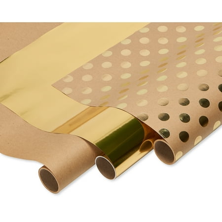 American Greetings Kraft and Gold Polka Dot Christmas Wrapping Paper, 75 sq. ft.,
