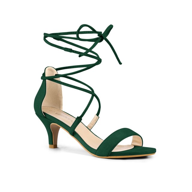 BLISSFUL STEP Women's Open Toe Kitten Heel Lace Up Sandals Green 6