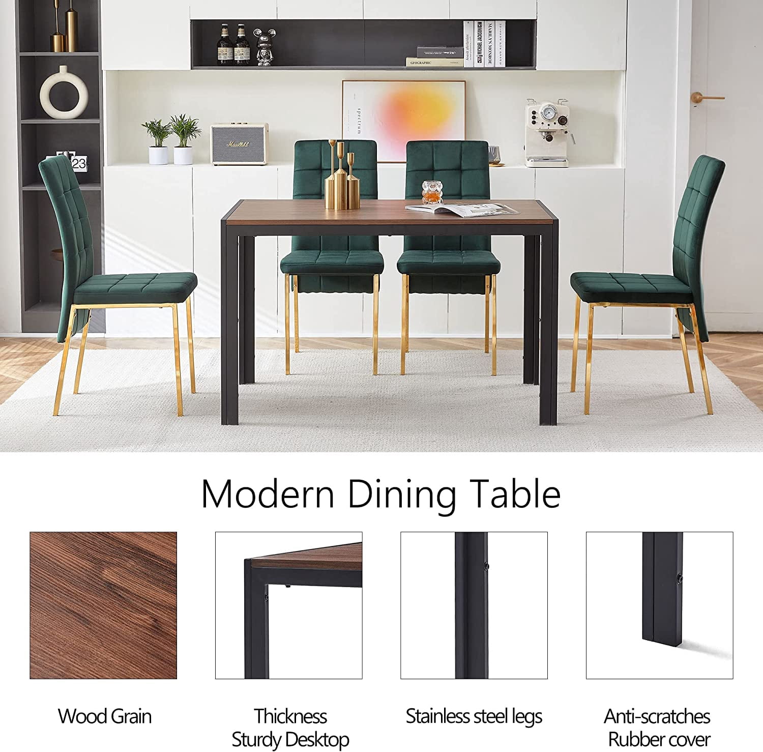 NORDICANA 5 Piece Dining Table Set for 4,Home Kitchen Dining Room Set,Engineered Wood Home Desk with Thick Tabletop& 4 PCS Soft Velvet Dining Chair Ergonomic Design for Dining Hall,Restaurant