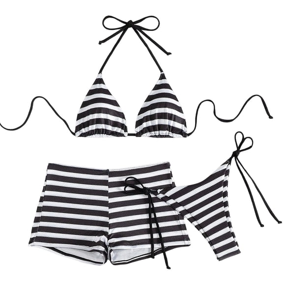 Erwazi Women's Striped 3 Piece Bikini Drawstring Bottoms Tummy Control Bathing Suit Beach Swimwear with Cover Up Skirt