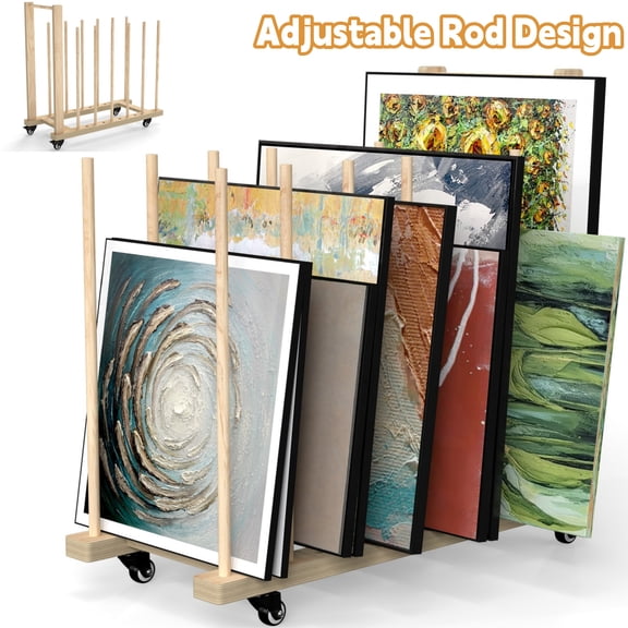 Qunbio Wooden Art Storage Rack with Handle & Caster Wheels, Mobile Art Drying Rack for Canvas, Drawing Board, Printed Matter, Paper Pad for Art Studio, Gallery, Artworks, 31.5 x 14.2 x 31.5 in