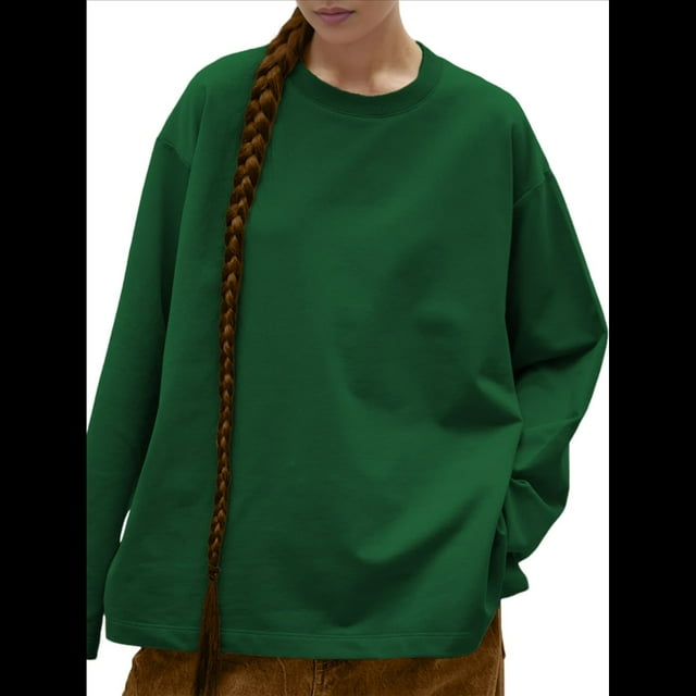 Camisetas de Larga Extragrandes para Mujer 2025, Camisetas Básicas de Cuello Redondo, Tops de Otoño, Ropa Informal de Entrenamiento Y2K Verde Oscuro L