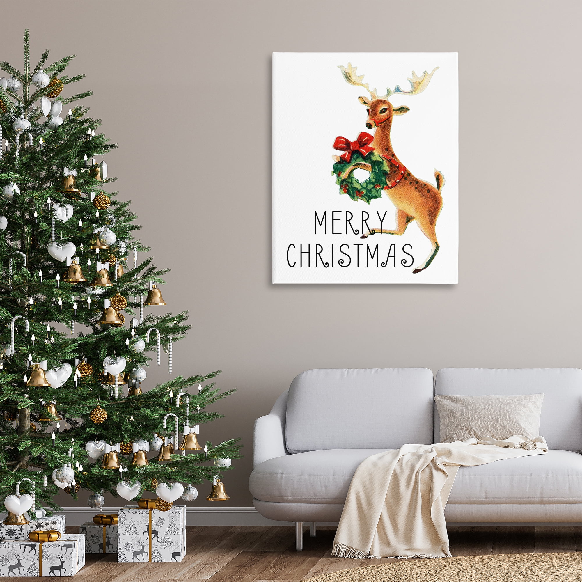 Stupell Industries Merry Christmas Reindeer Holiday Painting Gallery Wrapped Canvas Art Print Wall Art, 36 x 48