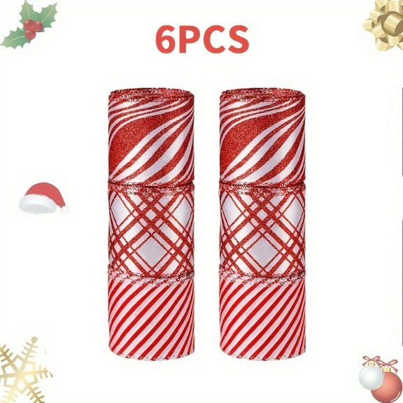 6Rolls Christmas Ribbon For Crafts-Red And White Striped Ribbon, Wreath Ribbon, 2.5Inch Candy Peppermint Edge, 30Yard Total, For Christmas Tree Decor, Gift Wrapping and Holiday DIY Craft Decoration