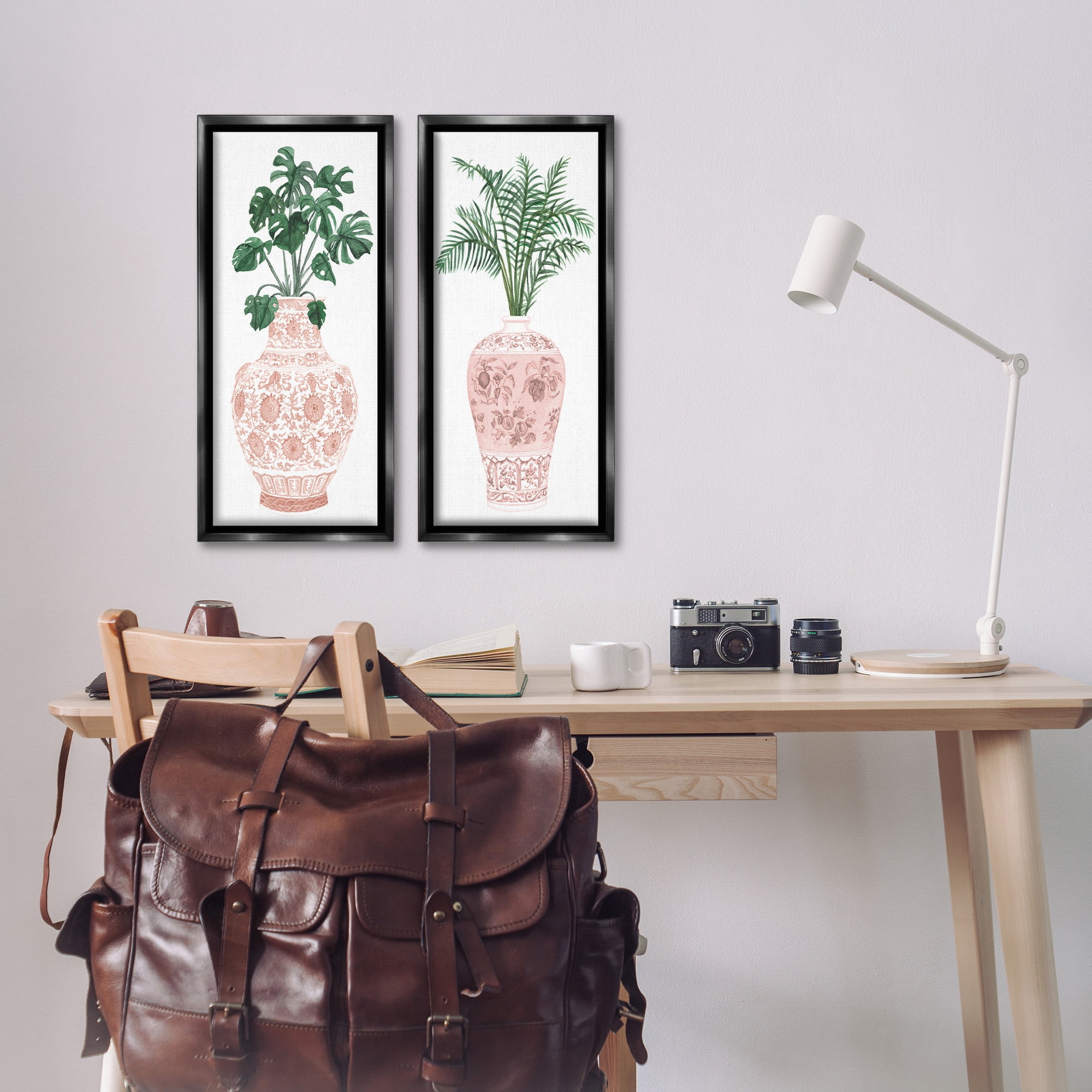 Stupell Industries Plants & Oriental Vases Botanical & Floral Painting Black Floater Framed Canvas Art Print Wall Art, 11 x 25, Set of 2
