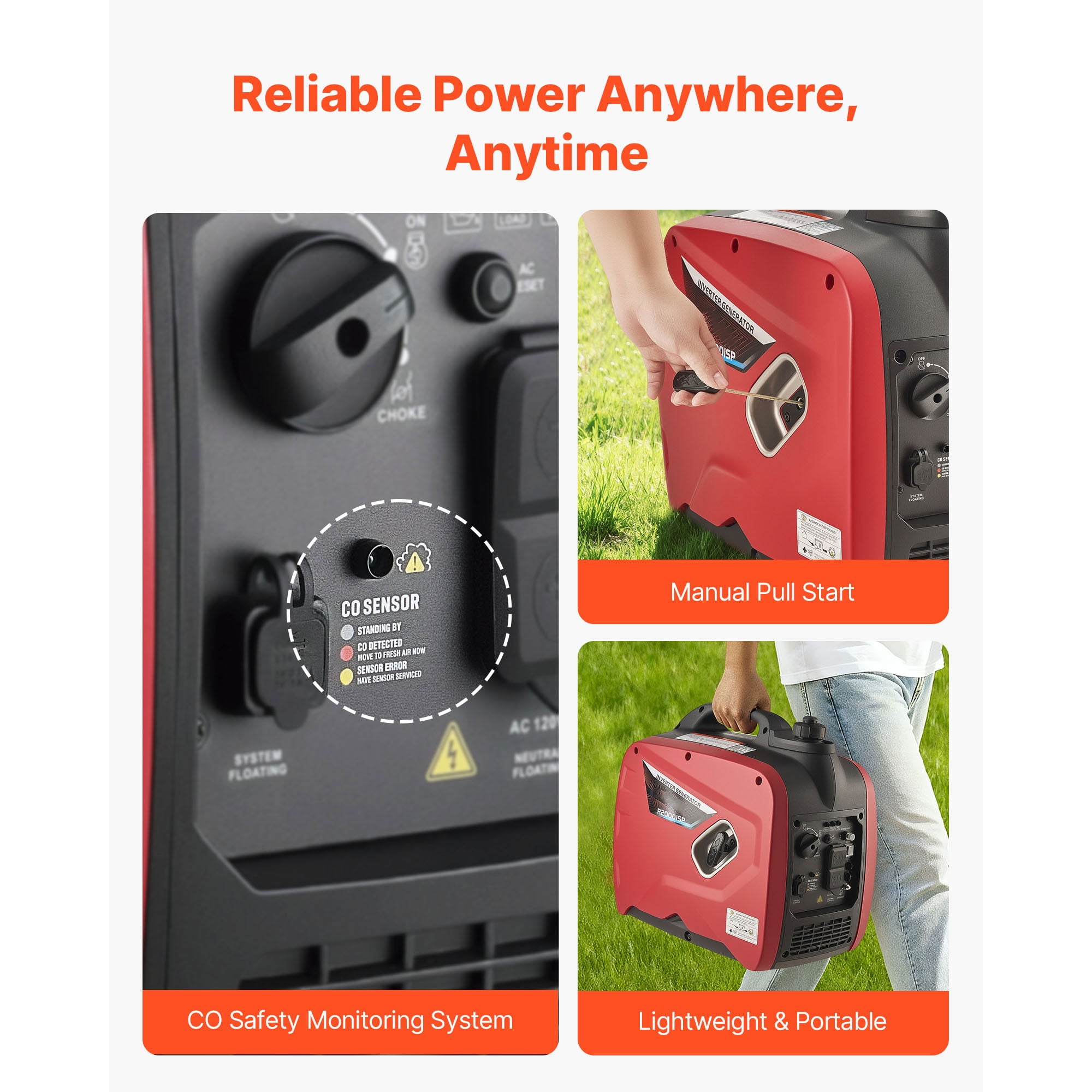 KFFKFF Portable Gas-Powered Inverter Generator, 2900W Peak Output, Quiet Operation for Home Use, Compact Design with CO Sensor, Orange/Black
