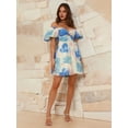 thumbnail image 5 of Women'S Boho Floral Mini Dress Puffy Short Sleeve Cutout V Neck Casual Long Beach Dress Blue Print L, 5 of 8