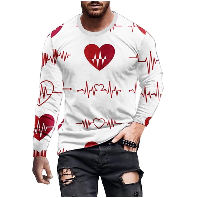 Pompotops T-Shirt Décontracté à Col Rond Manches Longues pour Hommes Imprimé 3D Saint-Valentin en Solde