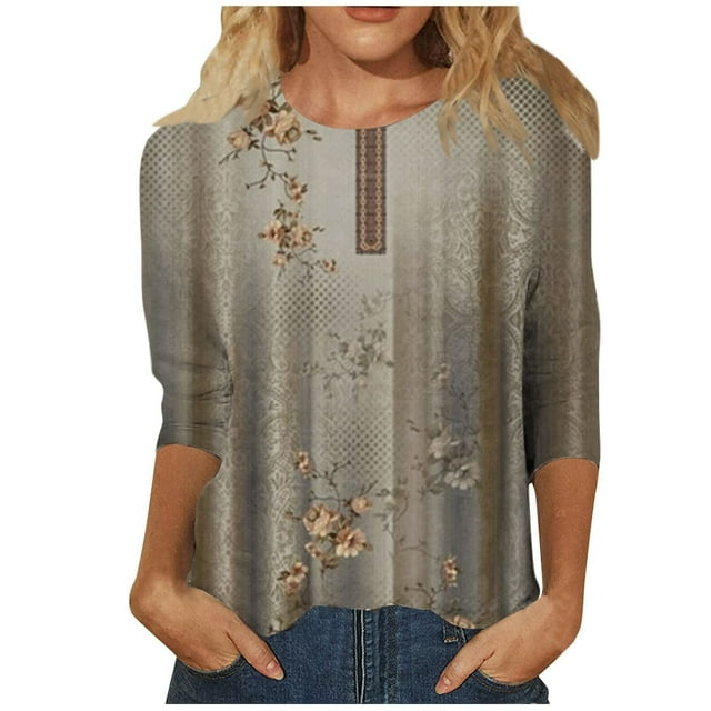 HKEJIAOI Chemises à Manches 3/4 pour Femmes Col Rond Imprimé Floral Tops d'Été