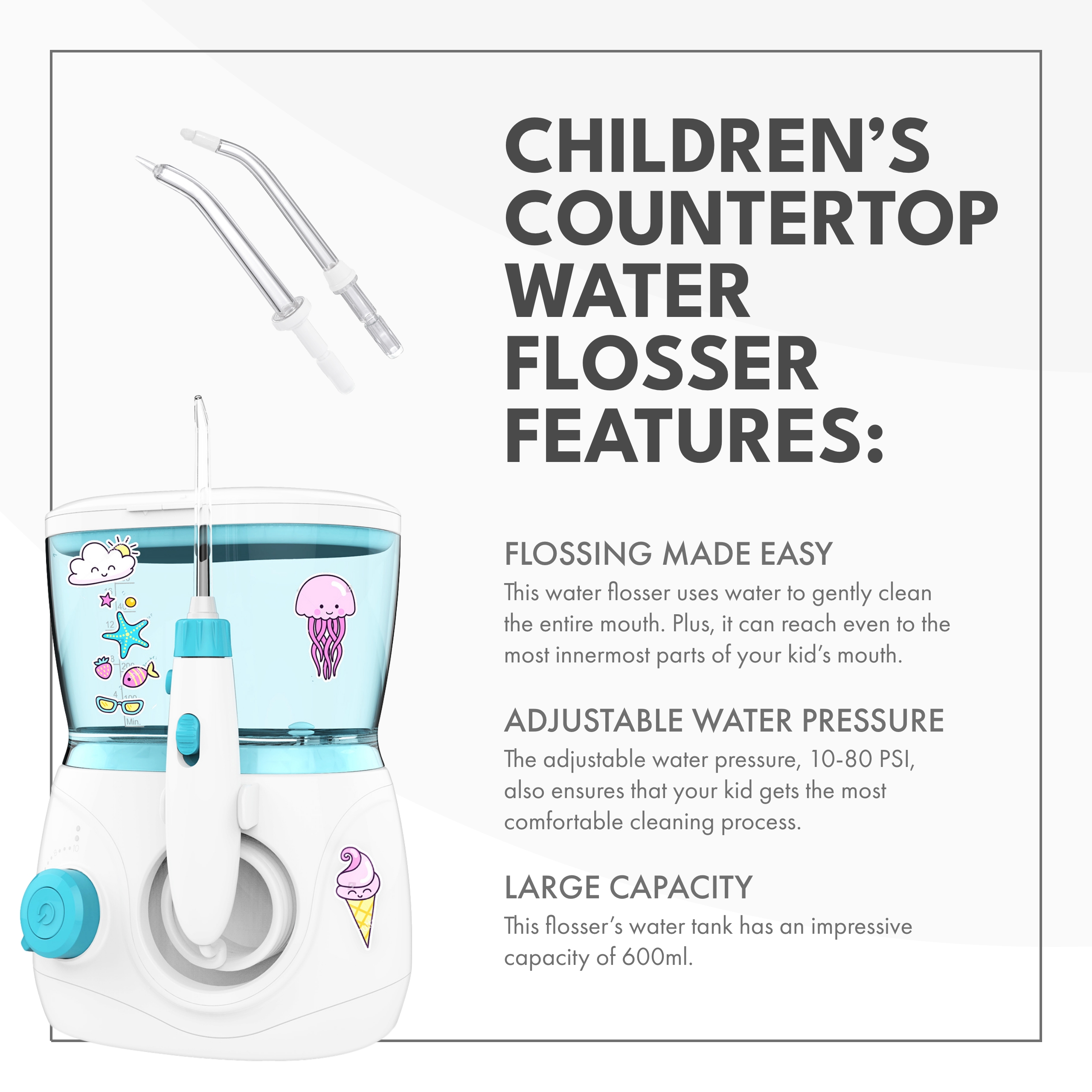 ToiletTree Products Children's Countertop Water Flosser - High-Quality Dental Oral Irrigator for Kids - BPA-Free Dental Water Flosser with 600mL Capacity and Adjustable Water Pressure - Blue