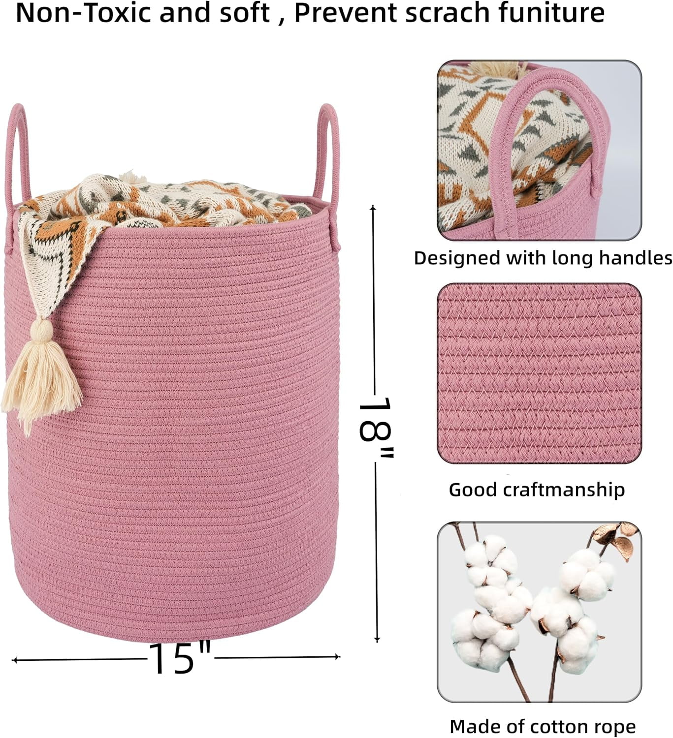 WarmHaven Cotton Rope Laundry Basket Hamper for Clothes Woven Storage Basket for Living Room Bedroom Boho Tall Rope Baskets for Blanket Toys Pillow Towels Baby Nursery Hamper Bin grape purple
