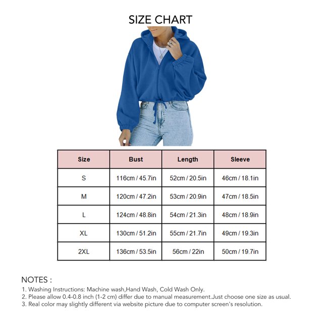 Female Zip Up Hoodie, Woman Loose Hooded Sweatshirt Fashionable Plain Color Comfortable For School For Working ANGGREK XL Azul