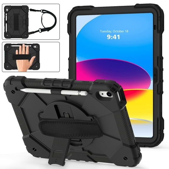 Dteck Case for iPad 10th Generation 10.9 inch 2022,Shockproof Durable Silicone Cover Rotatable Hand Strap Kickstand Built-in Pencil Holder Heavy Duty Case with Shoulder Strap,Black