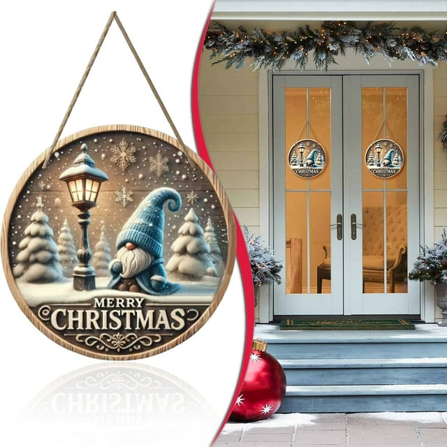 Christmas Door Decorations and Ornaments, Merry Christmas Front Door Sign Rustic Round Welcome Door Sign Gnome Tree Pattern Welcome Wall for Front Doors, 1 Pendant