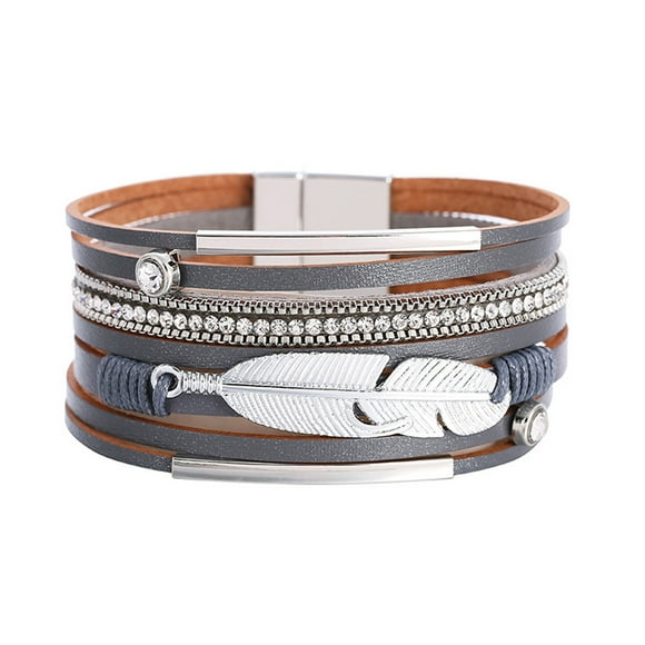 Stylish Leather Bracelet Multilayer Wrap Feather Adjustable Clasp Jewelry Accessories for Women