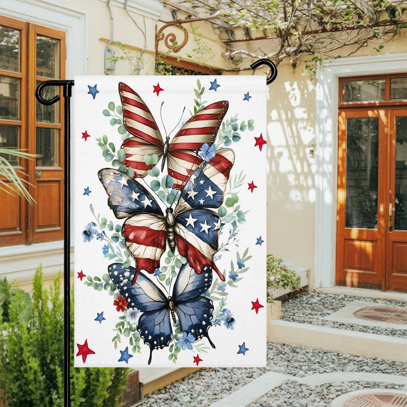 4th of July Garden Flags Red Blue Stars Butterfly Garden Flag Double Sided Welcome Flag Eucalyptus Leaves Independence Day Yard Flags for Outdoor Lawn Porch Memorial Day Holiday Decor 28x40 Inch