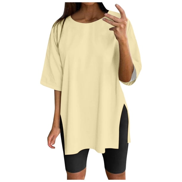 Camiseta deportiva oversize de manga corta para mujer: corte holgado, aberturas laterales, tejido mixto, top informal para todas las estaciones, tallas US/UK/EU S-XXL