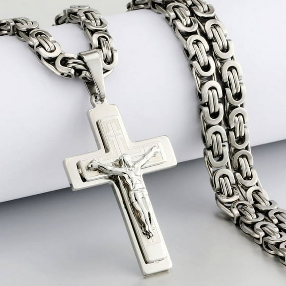 Lordluxury Jesus Cross Long Byzantine Chain 14K White Gold Necklaces Pendants for Men Christian Crucifix Necklace Religious Jewelry colar