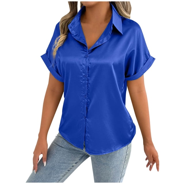 Timegard Tops for Women Satin Lapel V Neck Button up Shirts Solid Color Casual Comfy Work Blouse Top