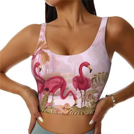 Adobk Flamingos In The Tropical Forest Print Sports Bras for Women Longline Workout Crop Tank Tops Padded with Built in Shelf Padded Sports Bra-XX-Large