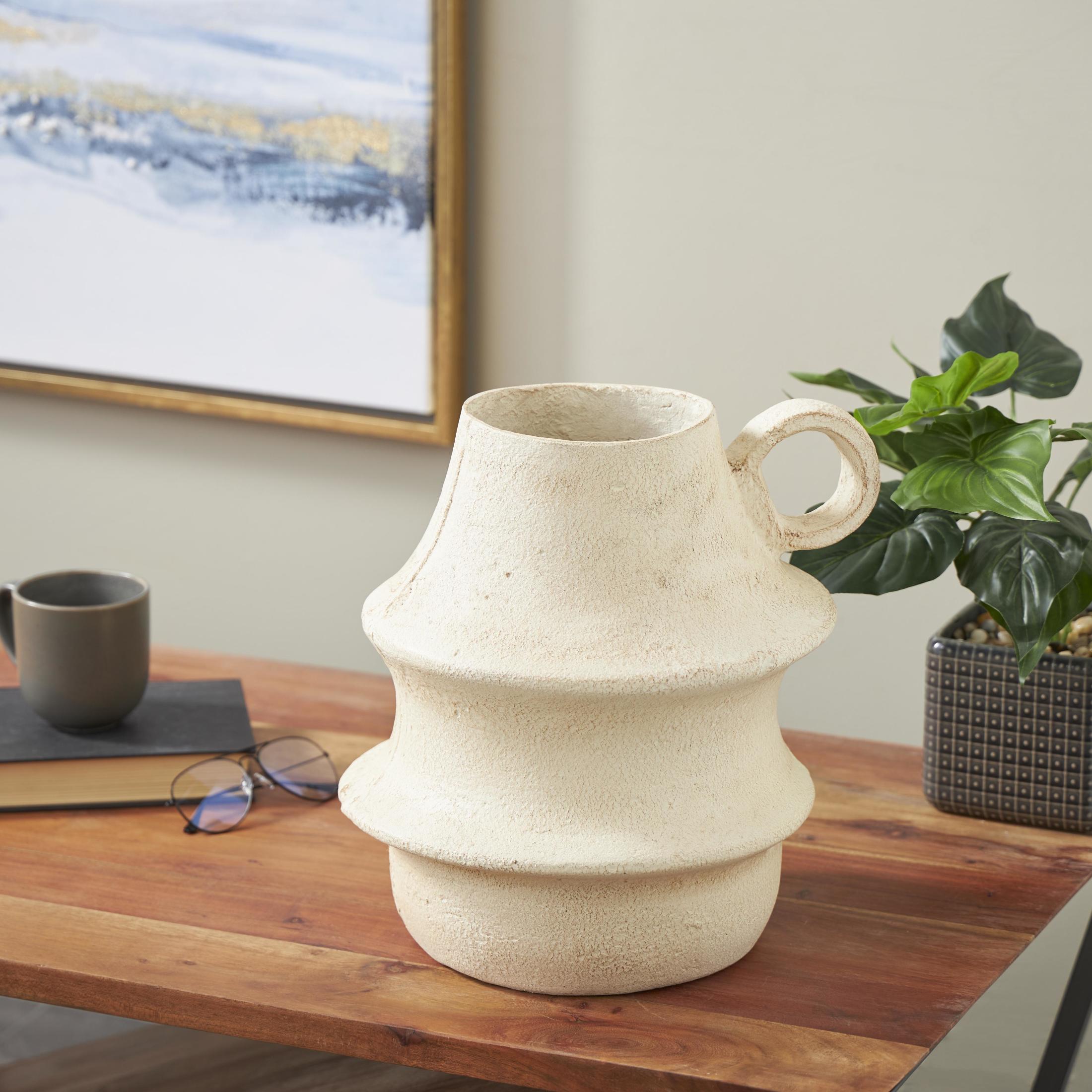 DecMode 14" Fluted Cream Paper Mache Vase with Brown Distressed Texturing and Ring Handle