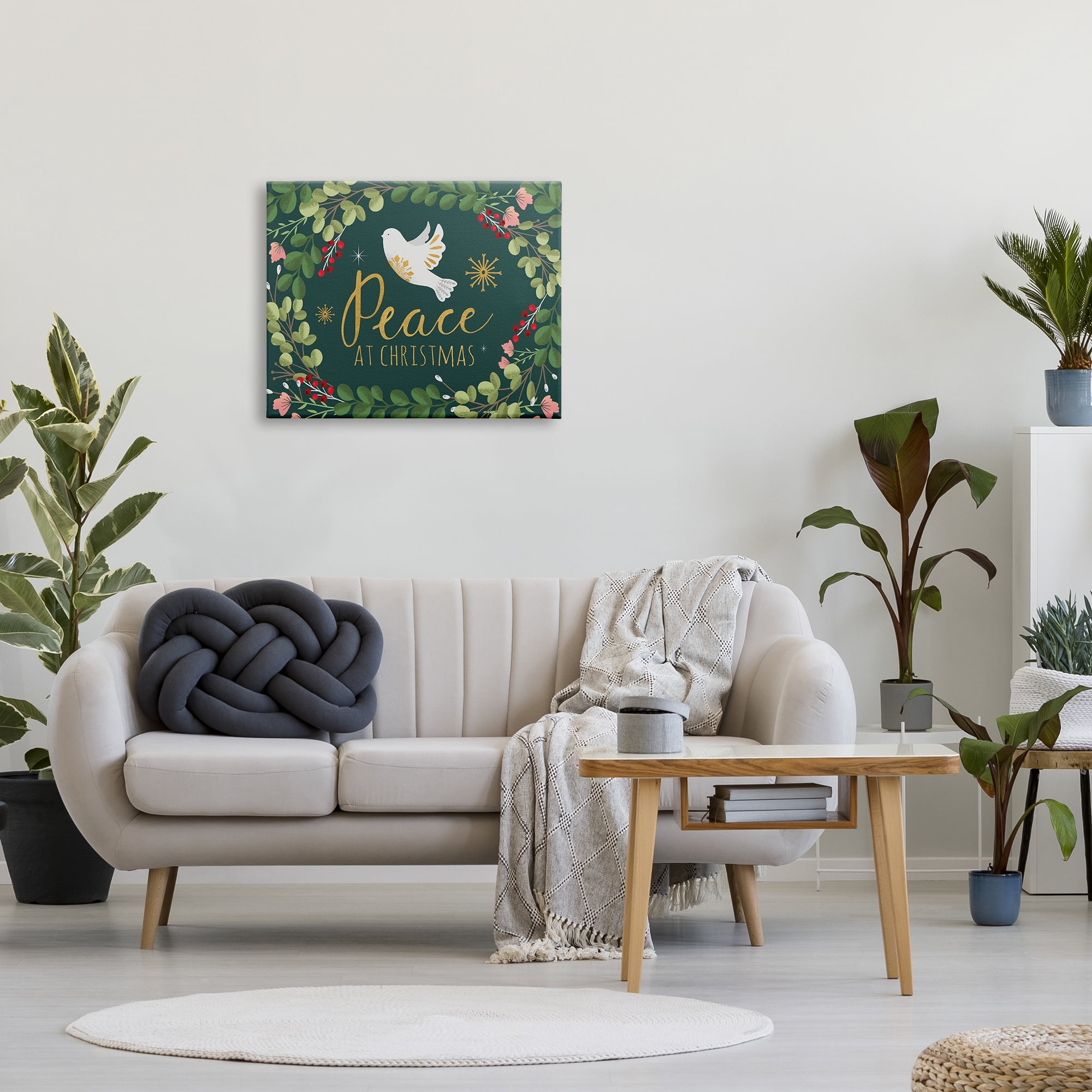 Stupell Industries Peace at Christmas Phrase White Dove Holiday Holly Botanical & Floral Painting Gallery Wrapped Canvas Print Wall Art, 24 x 30