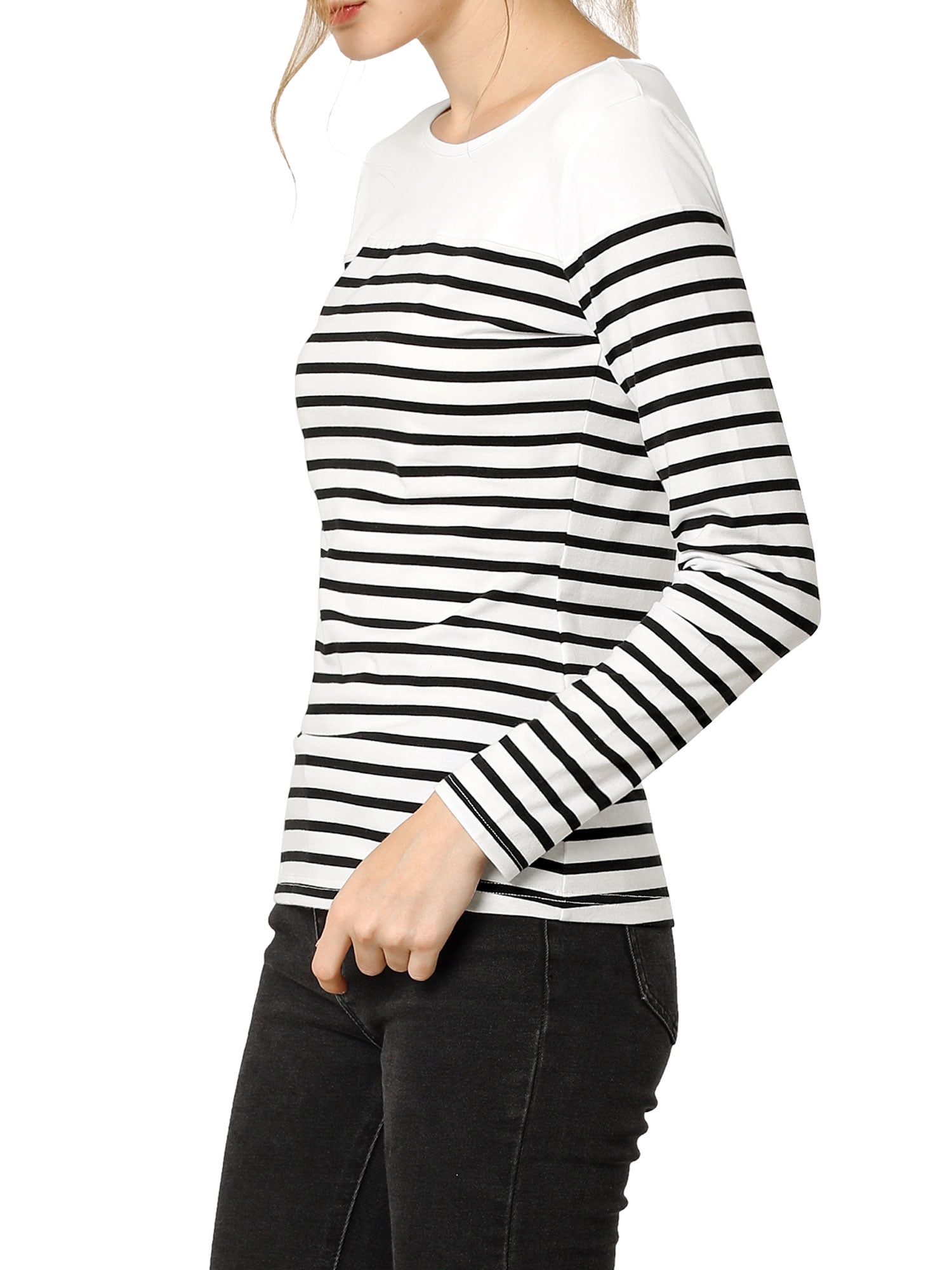 DARING DIVA Women's Color Block Striped Knit Top Long Sleeves T-Shirt XL Black-White