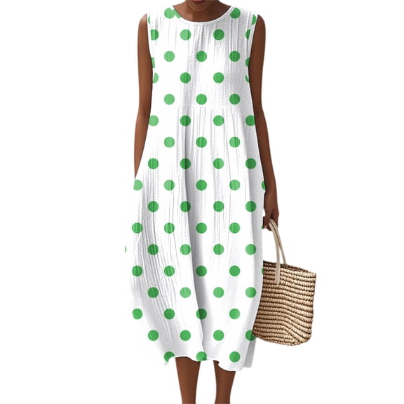 Women's 2025 Summer Fashion Casual Sleeveless Round Neck Polka Dot Printing Striped Elegant Temperament Dress