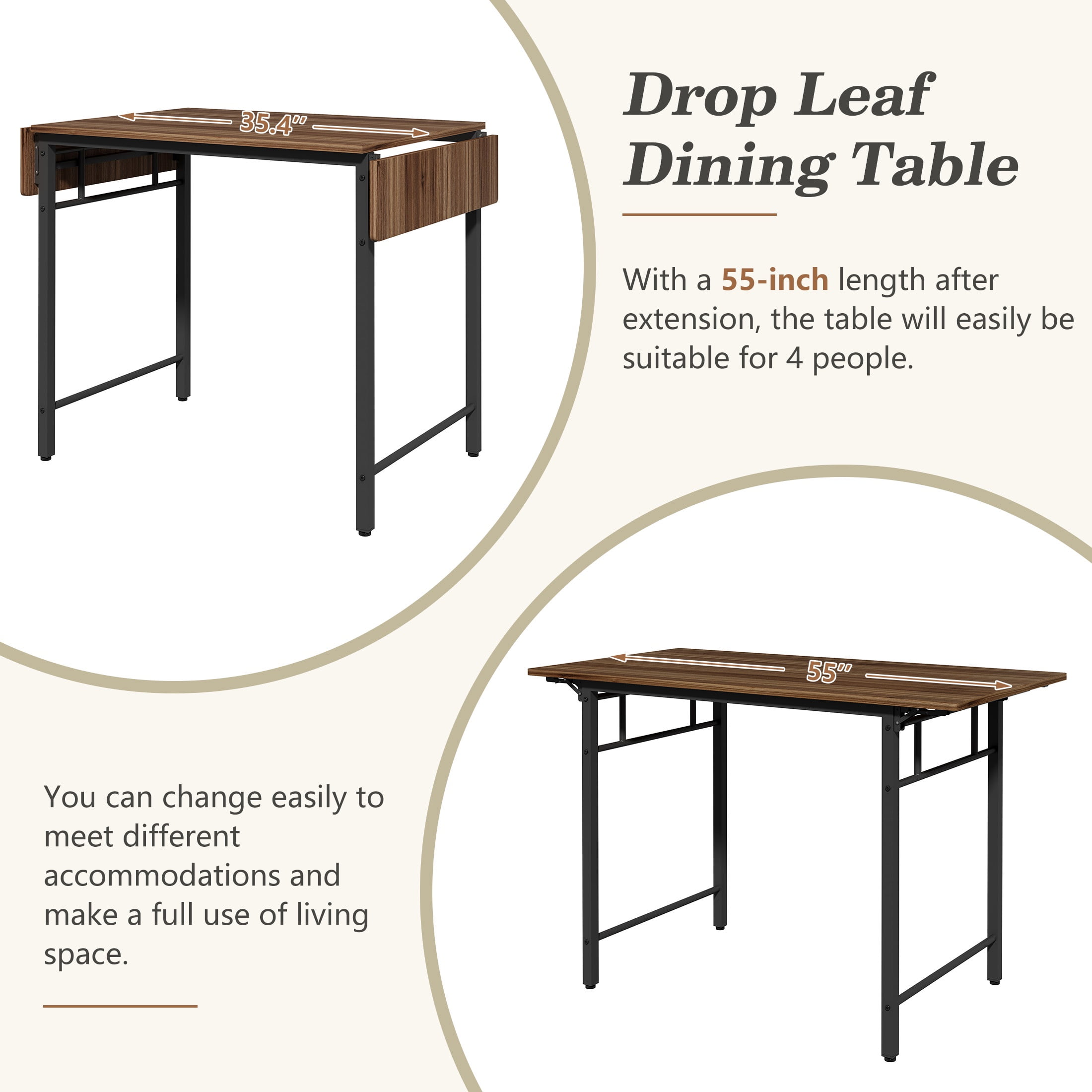 Dining Table Set for 4, Drop Leaf Pub Table and Dining Chair Set, Counter Height Table Set of 5, Kitchen Table Set with Stools for Kitchen Apartment Bistro, Brown