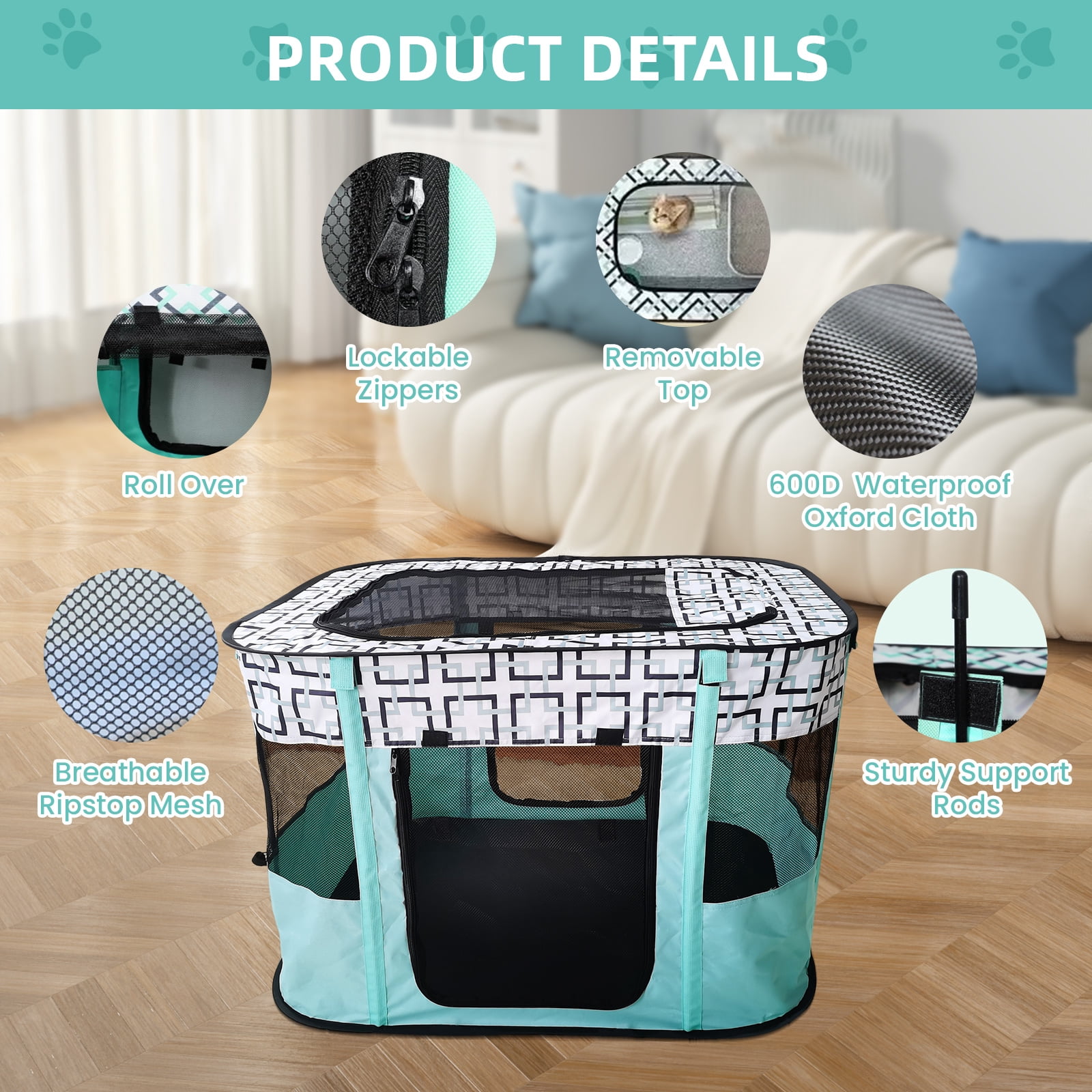 Luxvie Portable Pet Playpen, Foldable Dog Cat Playpens Cat Cage Exercise Kennel Tent, Dog Kennel With Removable Shade Cover, Dog Crate Indoor Outdoor Travel Camping Use, Green
