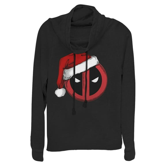 Junior's Marvel Christmas Deadpool Santa Hat  Cowl Neck Sweatshirt Black 3X Large