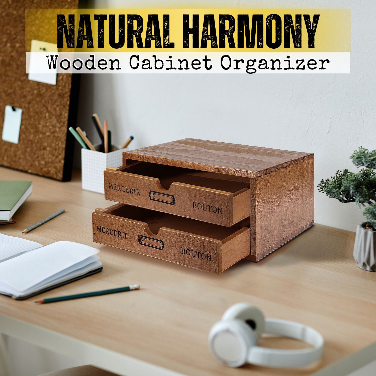 Wooden Desktop Office Supplies Organizer with 2 Storage Drawers Set, 2-Tier Wood Tabletop Cabinet, Countertop Desk Accessories Box, for Home Workspace Counter Vanity Decor Art Craft Tool Mail