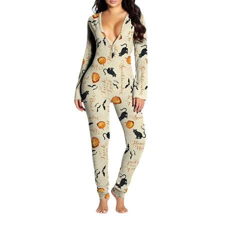 

GuliriFei Women s Deep V Neck Bodycon Jumpsuit Halloween Print Functional Butt Flap Pajamas Long Sleeve Romper Overall Sleepwear