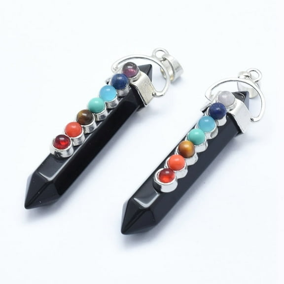 5 pc Jewelry Natural Obsidian Double Terminated Pointed Pendants with Natural & Mixed Stone Alloy Findings Platinum 58~61x16.5~18x15.5~16mm Hole: 4.5x7.5mm